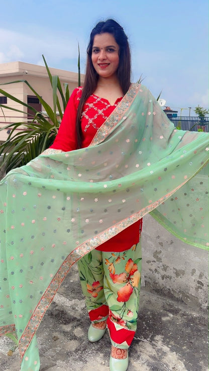Red and Green Crepe Designer Farshi Salwar Suit