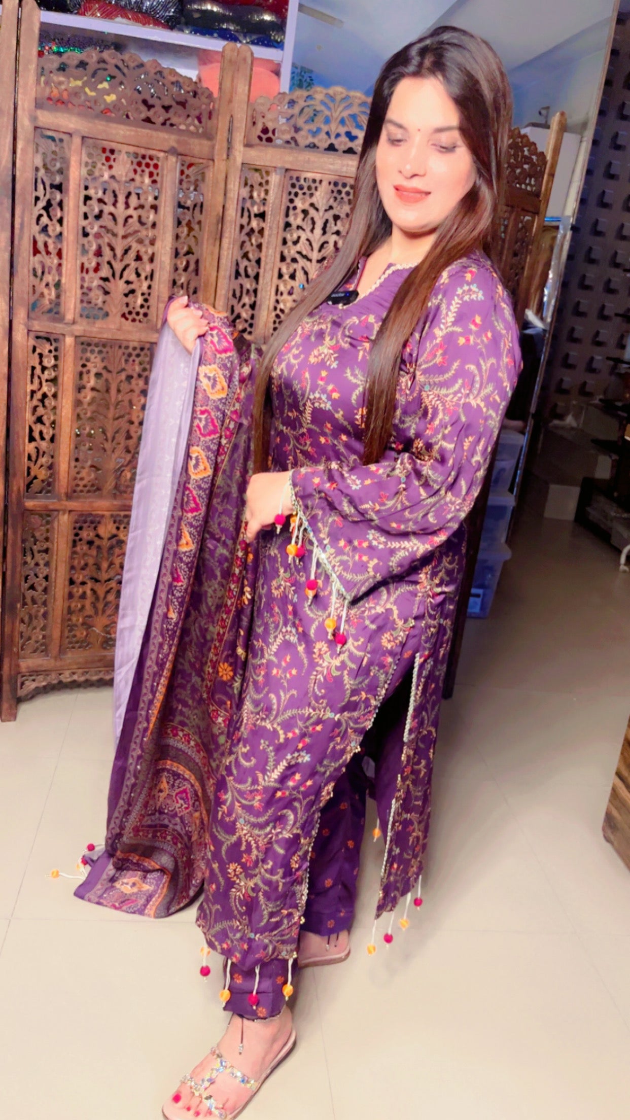 Purple Pure Satin Designer Lace Work And Tassel Detail Suit And Pant With Dupatta (PS)