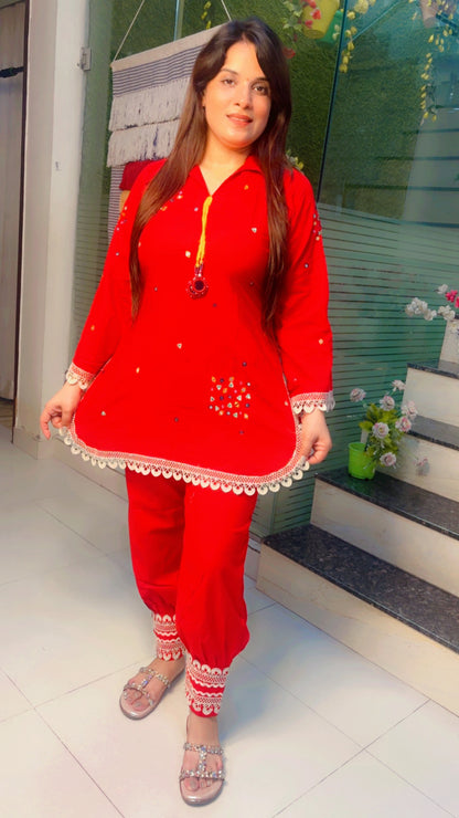 Red Cotton Afghani Salwar with Short Kurti Set