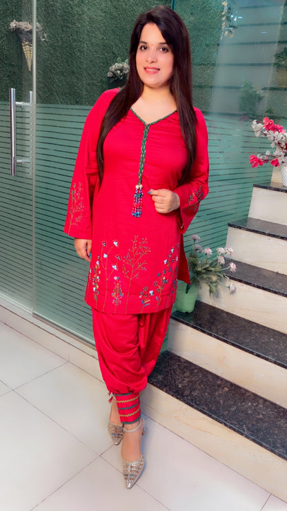 Pink Cotton Thread Embroidered Co-Ord Set For Women (CS)
