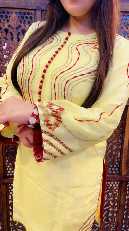 Yellow Silk Pant Suit With Chinon Dupatta For Haldi Function