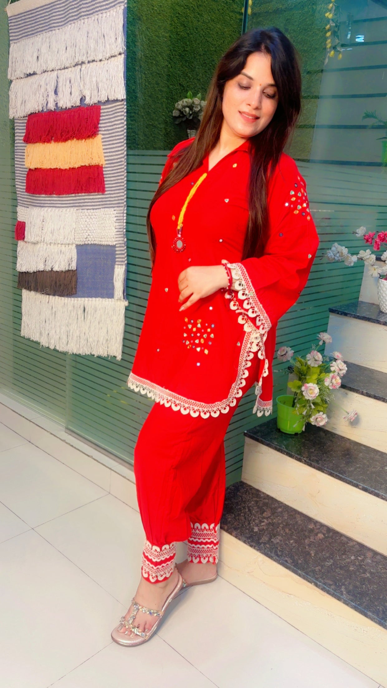 Red Cotton Afghani Salwar with Short Kurti Set