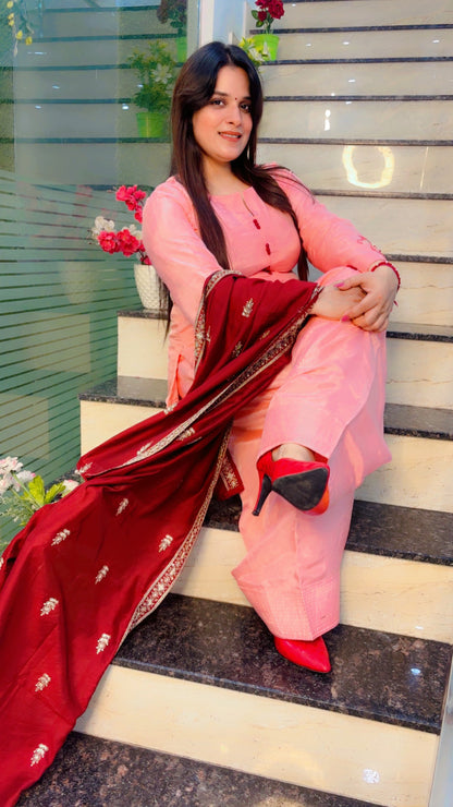 Peach Hand and Patch Worked Silk Farshi Salwar Suit with Dupatta