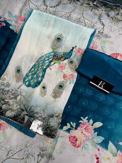 Peacock Print Unstitched Suit Material with Dupatta