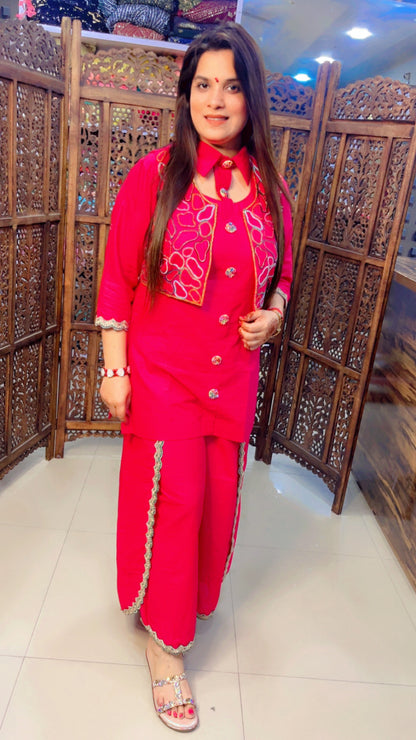 Hot Pink Linen Fabric Solid Print Festive Look Short Kurti And Over Lapped Palazzo With Embroidered Jacket (JS001)