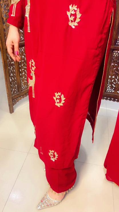 Maroon Georgette Embroidered Palazzo Suit with Dupatta