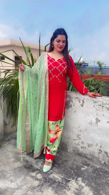 Red and Green Crepe Designer Farshi Salwar Suit