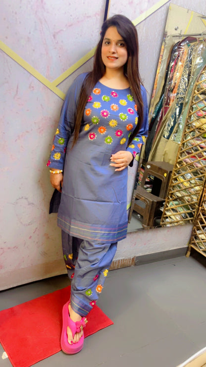 Grey Cotton Designer Hand Embroidered Co-Ord Set For Women (CS)
