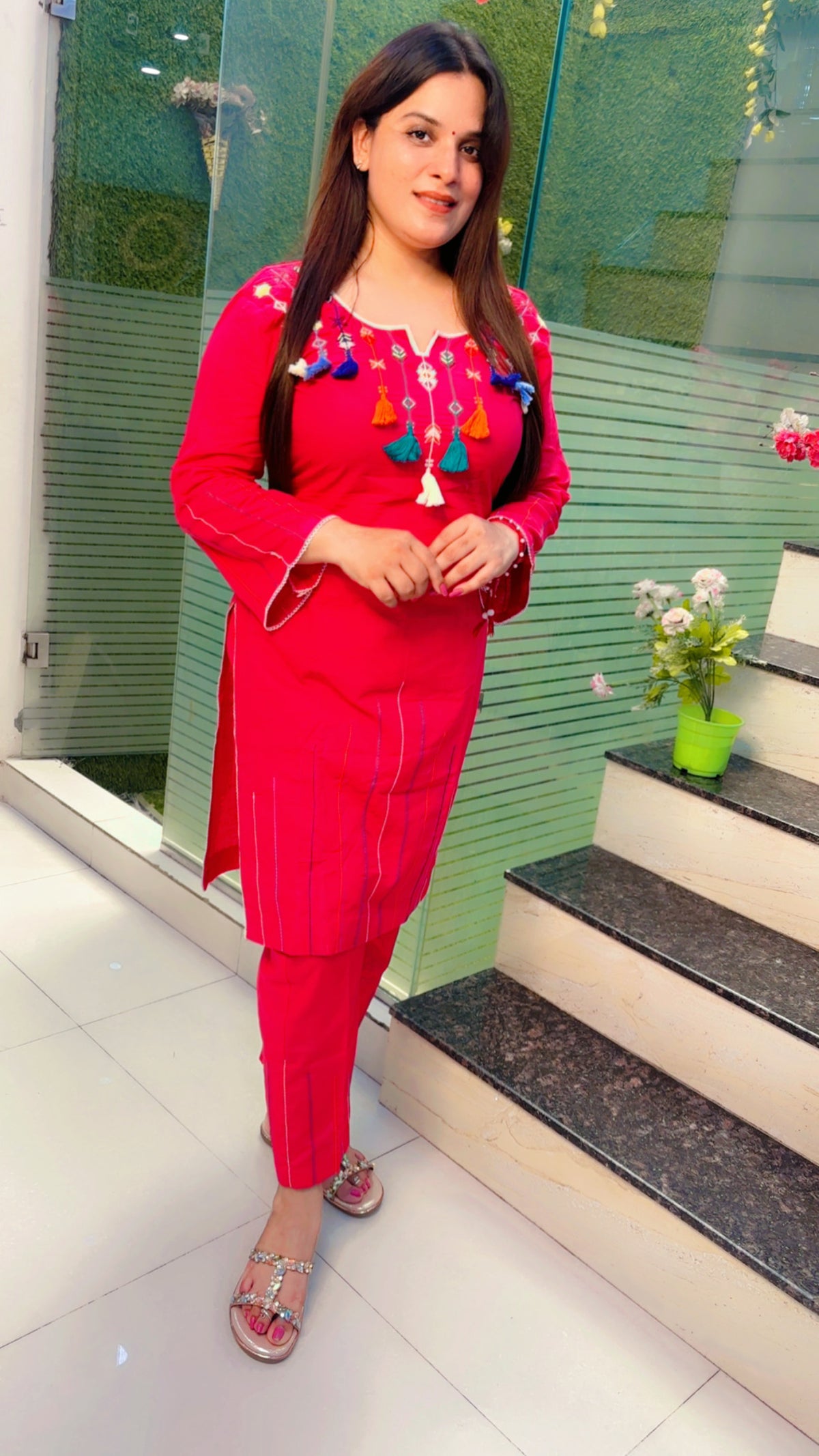 Pink Thread Worked Kurti With Tassels And Matching Pant (KS074)