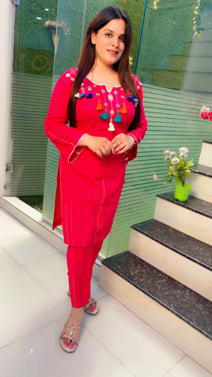 Pink Thread Worked Kurti With Tassels And Matching Pant (KS074)