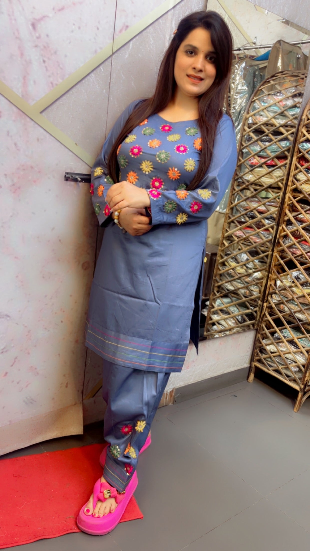 Grey Cotton Designer Hand Embroidered Co-Ord Set For Women (CS)