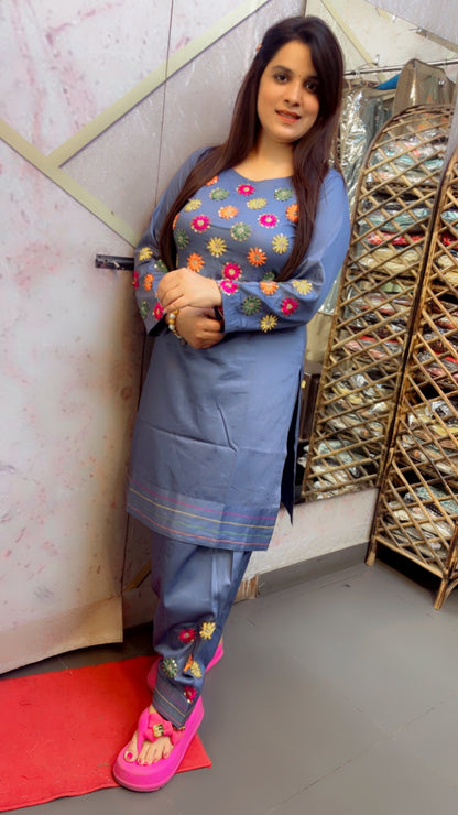Grey Cotton Designer Hand Embroidered Co-Ord Set For Women (CS)