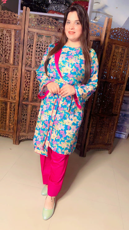 Sky Blue Hot Pink Muslin Floral Designer Kurti And Farshi Salwar For Casual Wear (FS)