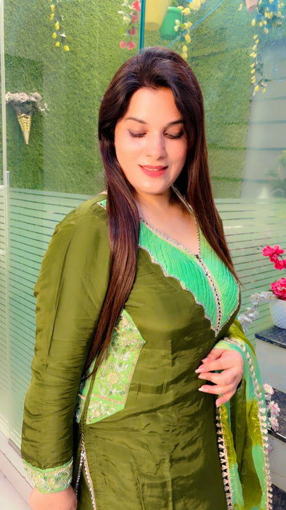 Green Silk Embroidered Salwar Suit With Dupatta (SS)
