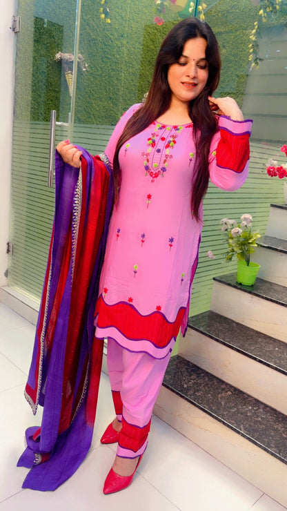 Pink Thread Worked Suit With Salwar And Tie-Dye Dupatta Set (KSD027)