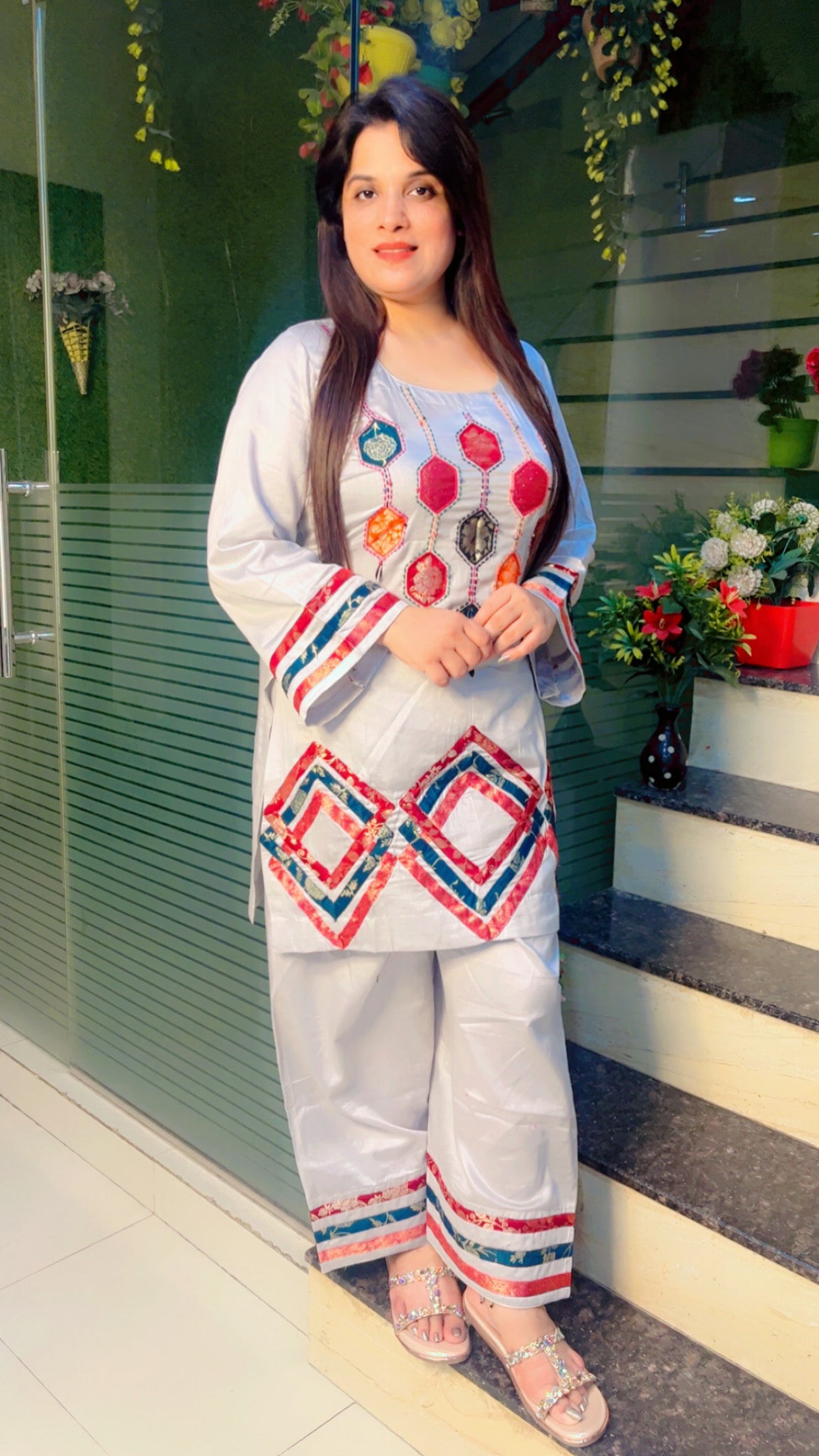 Light Grey Cotton Designer Fabric Patch Work And Hand Work Detail Co-Ord Set (CS)