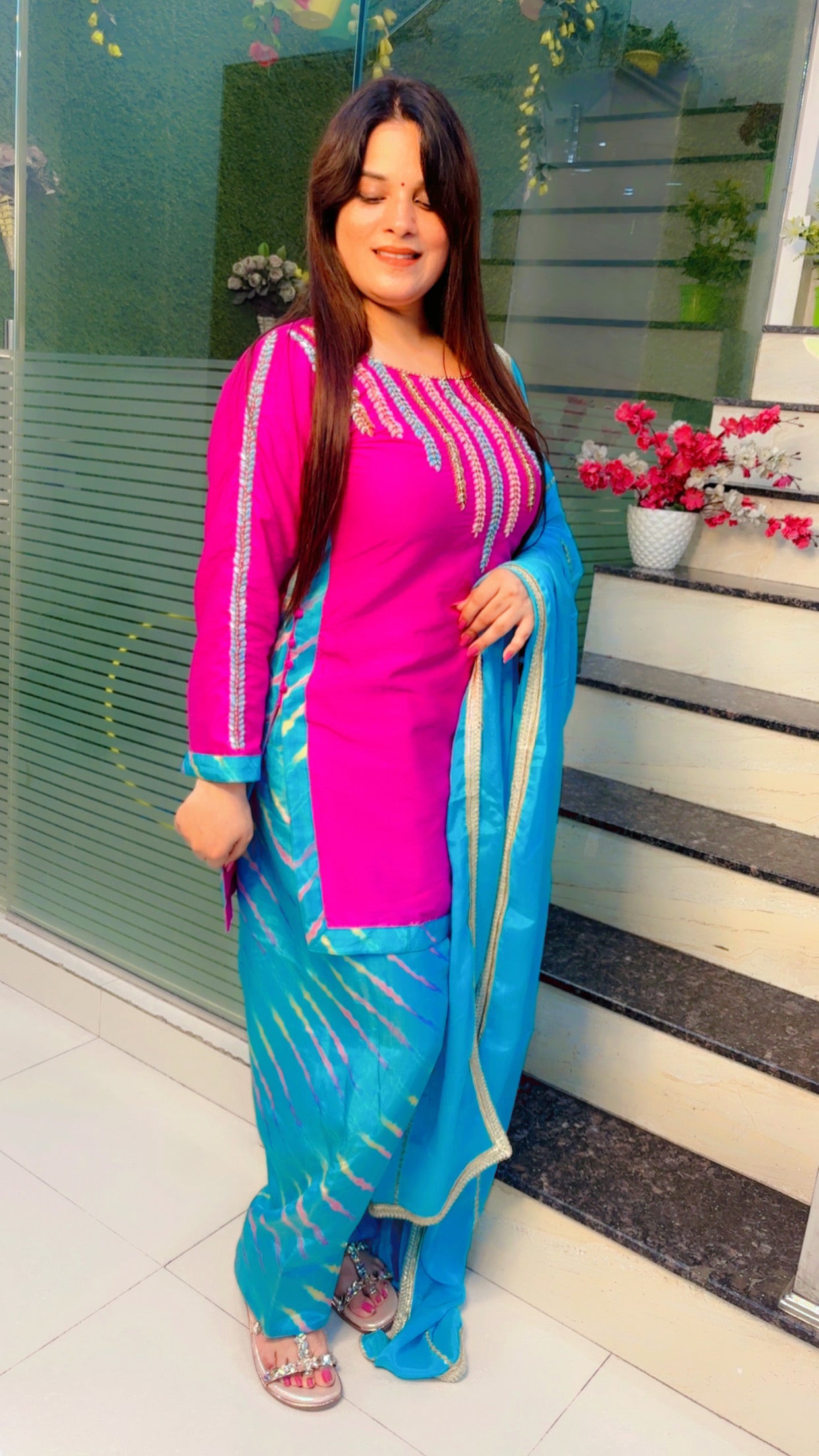 Hot Pink And Turquoise Blue Farshi Salwar Suit with Dupatta
