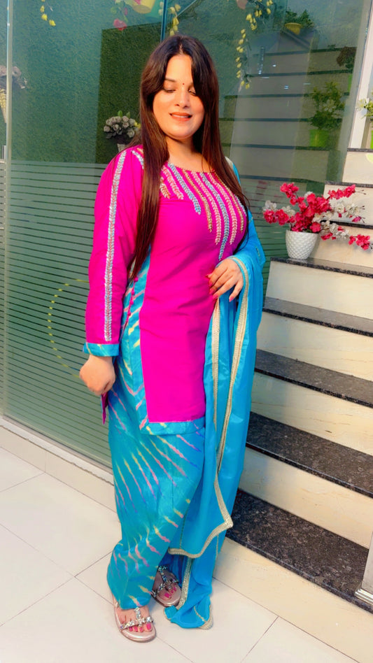 Hot Pink And Turquoise Blue Farshi Salwar Suit with Dupatta