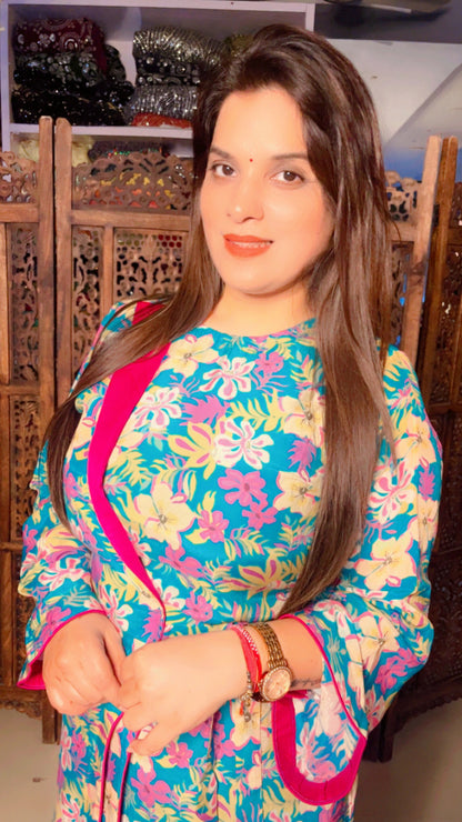 Sky Blue Hot Pink Muslin Floral Designer Kurti And Farshi Salwar For Casual Wear (FS)