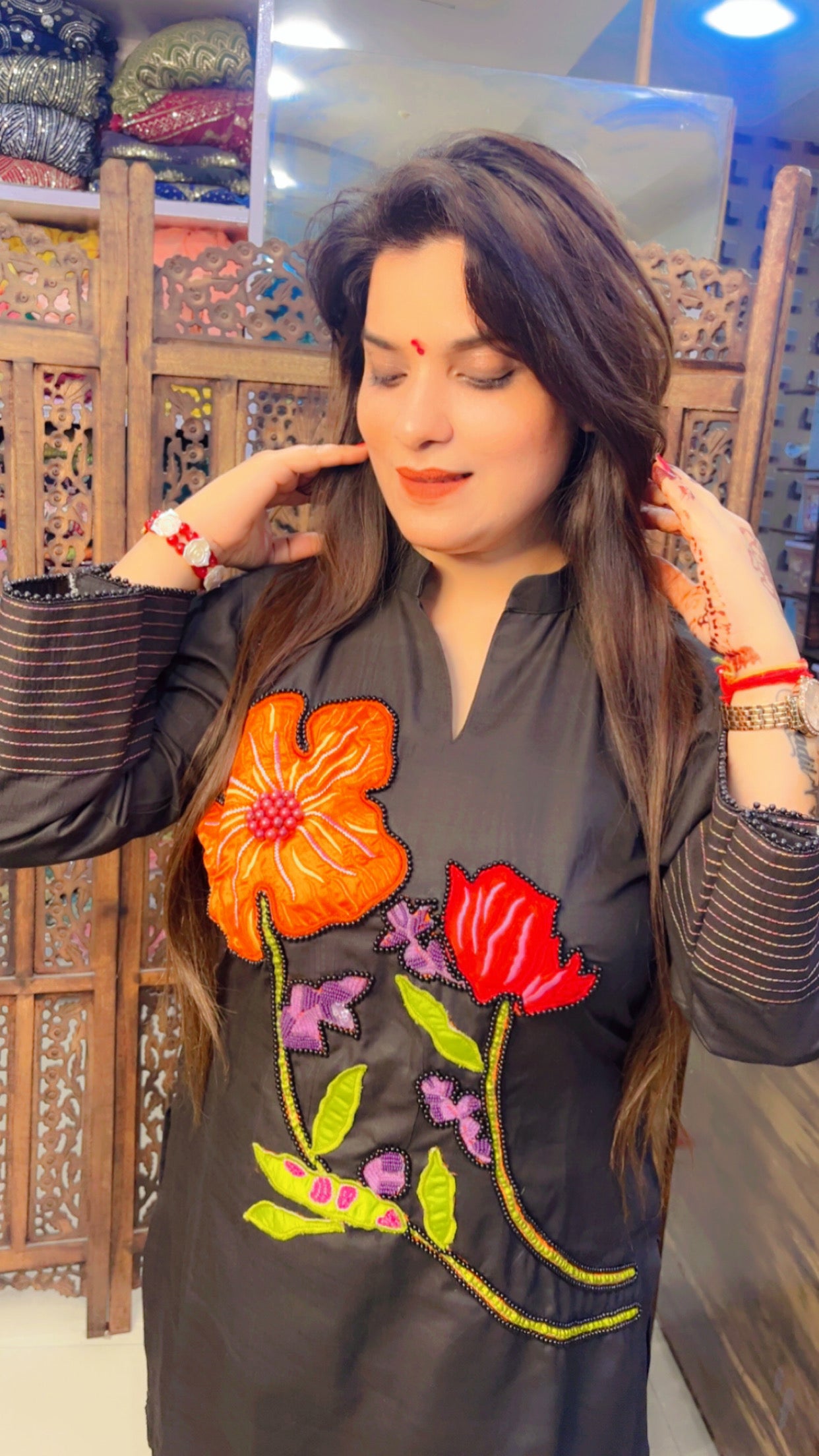 Embroidered Black Cotton Patch Work Co-Ord Set (KS027)