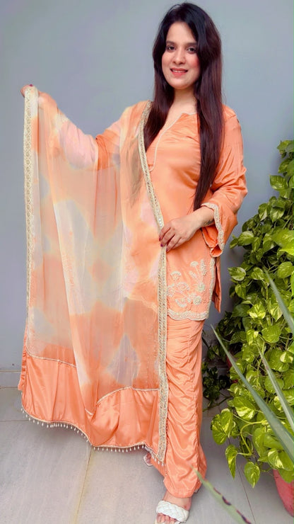 Peach Kashmiri Palazzo Kurti And Dupatta