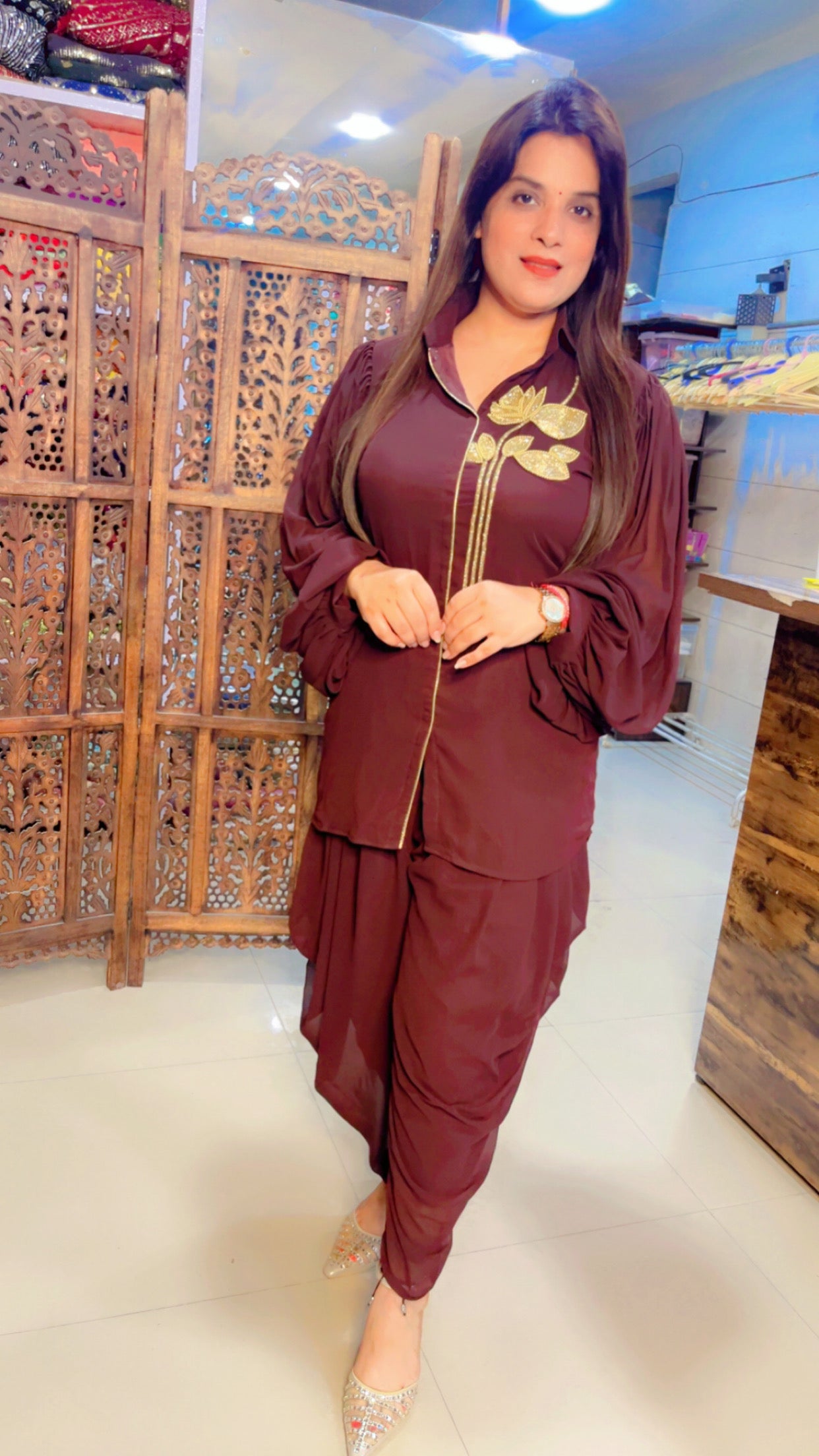 Brown Georgette Designer Hand Embroidered Short Kurta And Dhoti Salwar Set (DS)