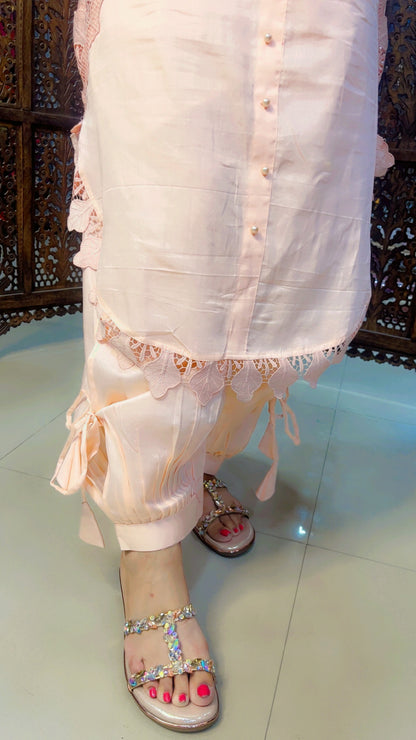 Peach Colour Cotton Fabric Hand And Pearl Work Detail Kurti Salwar Set (KS002)
