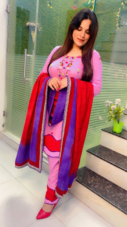 Pink Thread Worked Suit With Salwar And Tie-Dye Dupatta Set (KSD027)