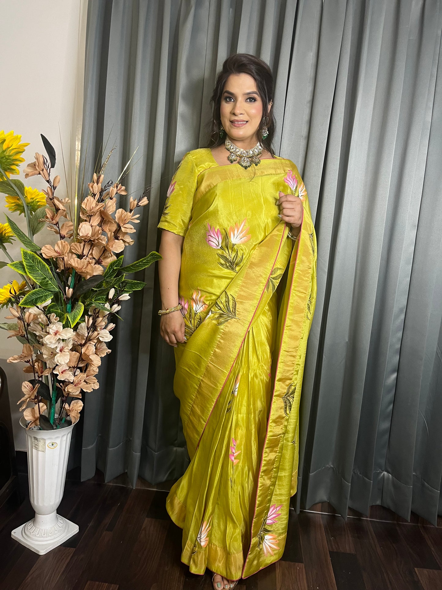 Parrot Hand Painted Saree - Shimmer Silk Saree (SR002)