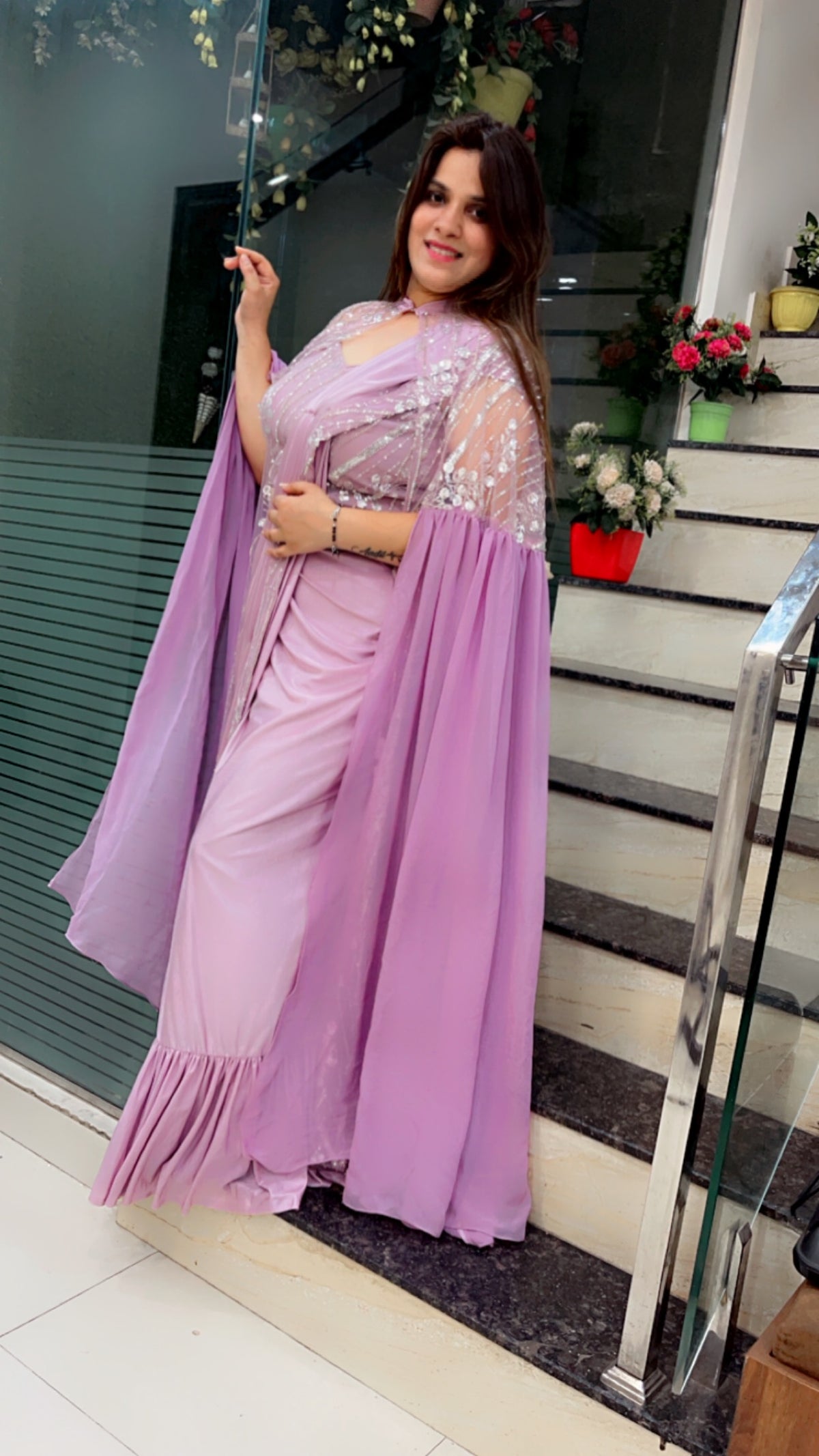 Lavender Saree With Cape For Weddings (SR021)