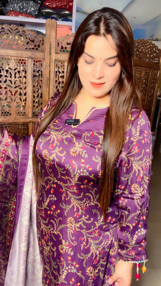 Purple Satin Designer Suit and Pant with Dupatta