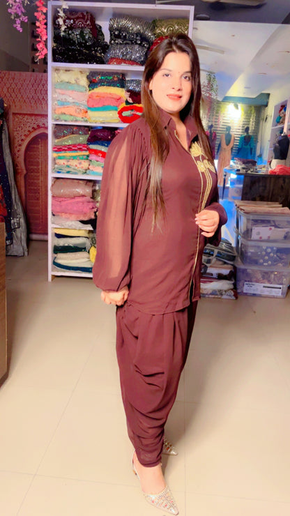 Brown Georgette Designer Hand Embroidered Short Kurta And Dhoti Salwar Set (DS)