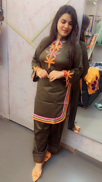 Henna Cotton Fabric Designer Embroidered Co-Ord Set For Women (CS)