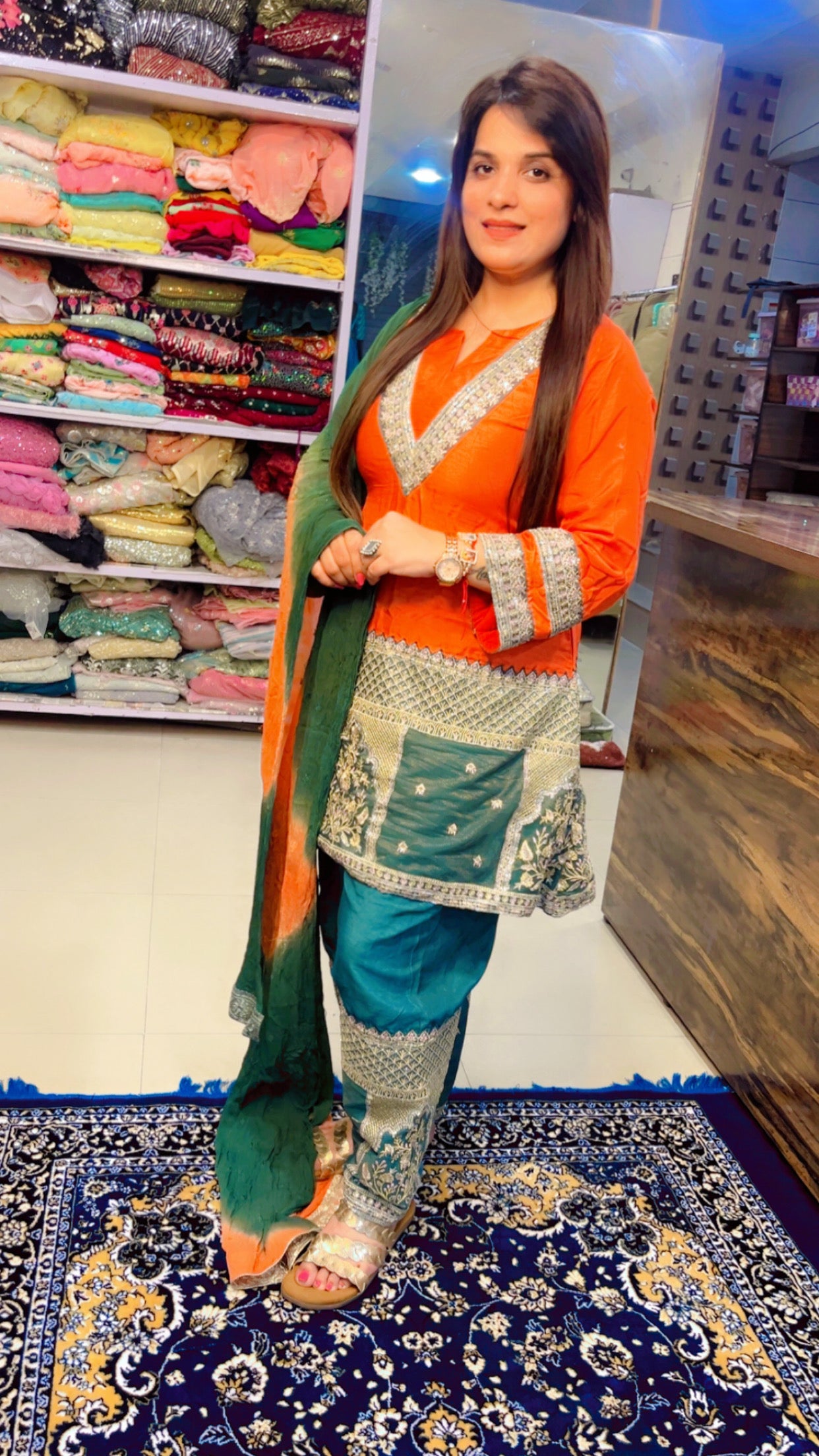 Orange And Green Designer Partywear Suit (SS001)