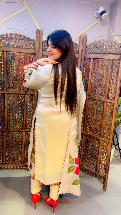 Hand Painted Tissue Silk Pakistani Suit Set In Ivory