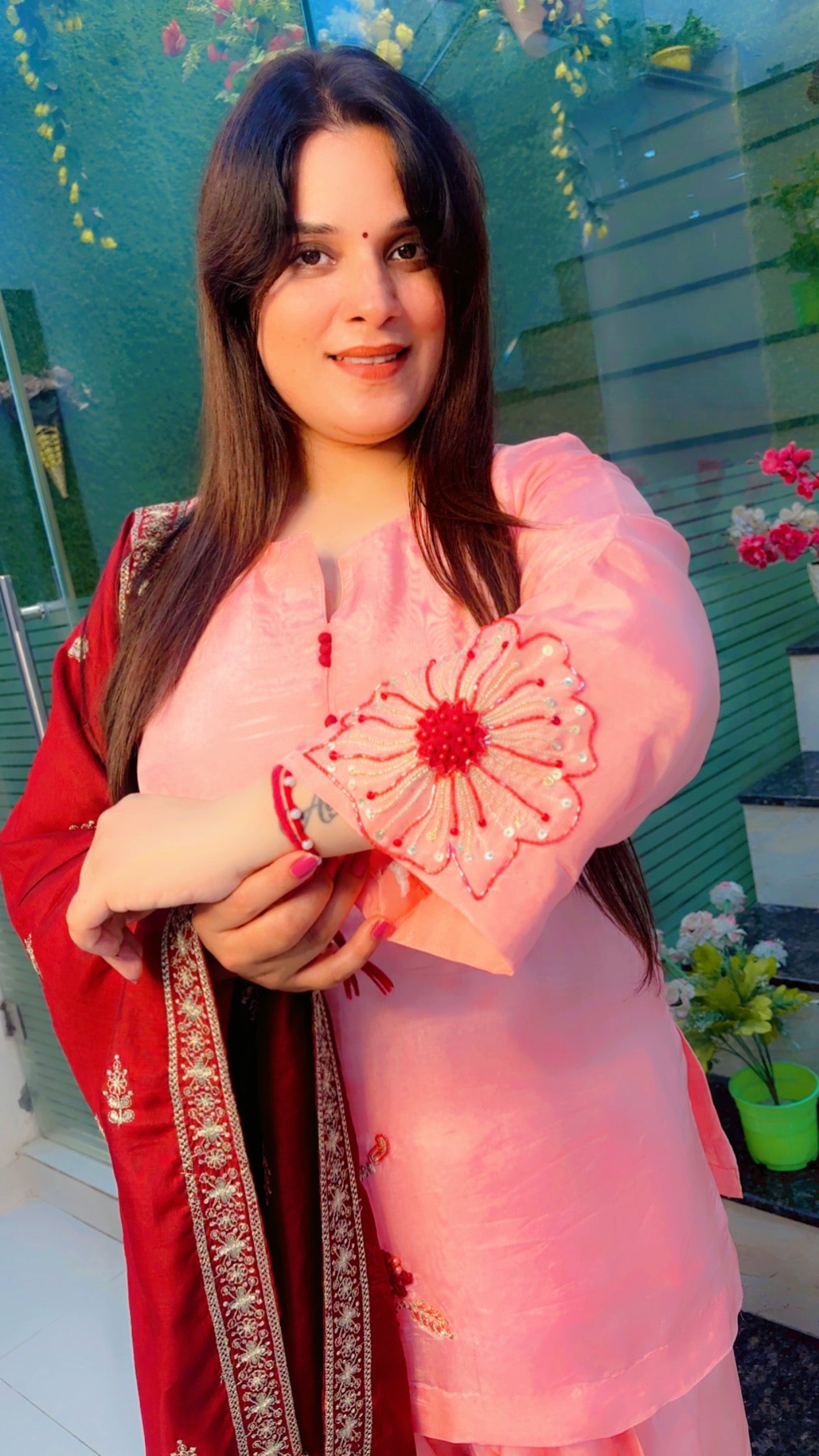 Peach Hand and Patch Worked Silk Farshi Salwar Suit with Dupatta