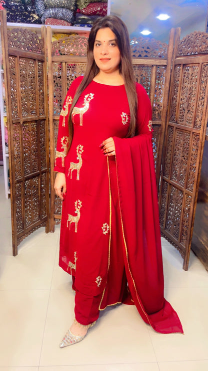 Maroon Georgette Embroidered Palazzo Suit with Dupatta