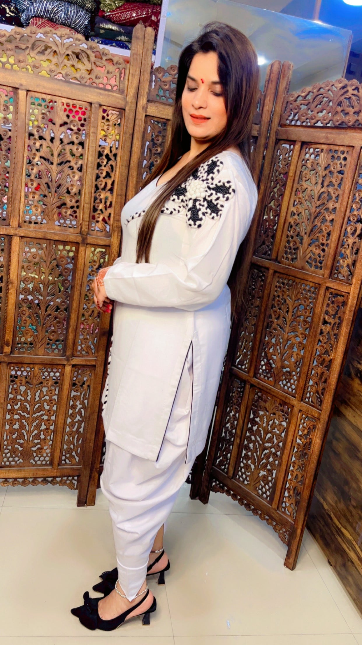 White Spun Fabric Woollen Embroidered Short Kurti And Side Fall Dhoti Set (DS001)