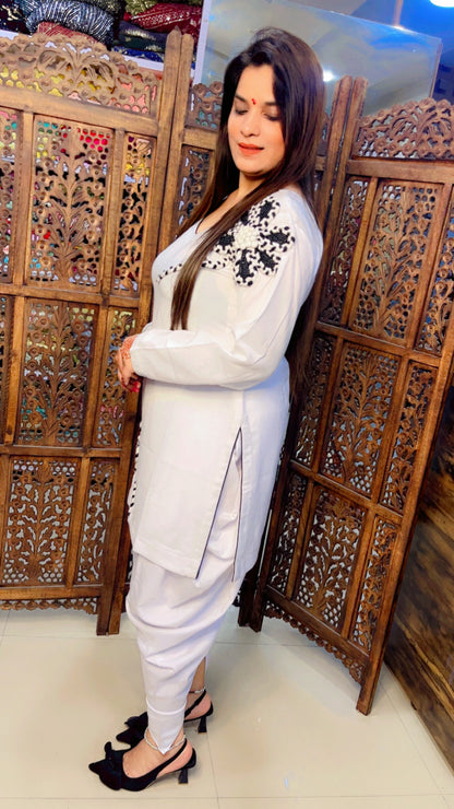 White Spun Fabric Woollen Embroidered Short Kurti And Side Fall Dhoti Set (DS001)