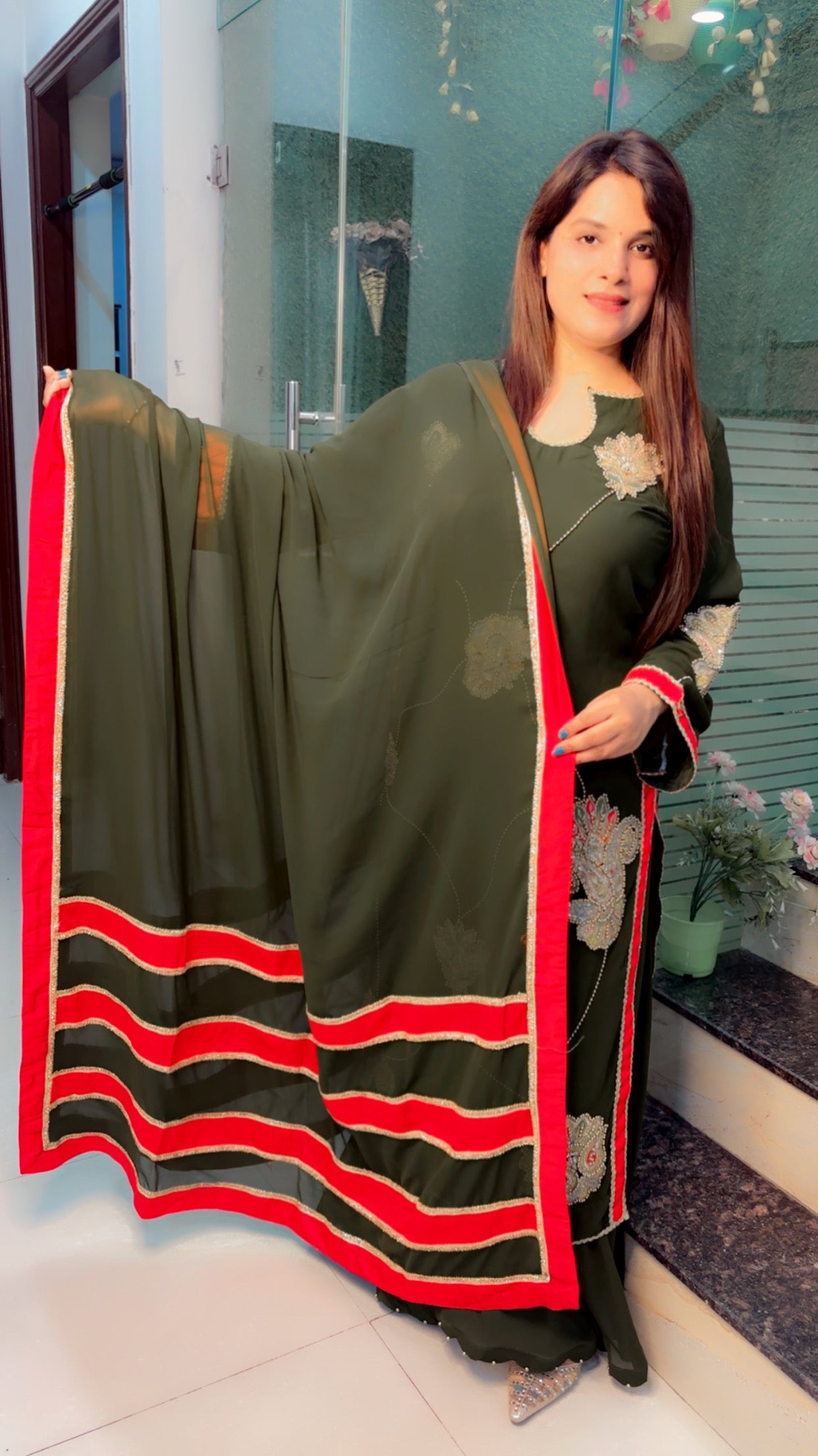 Georgette Cut Work Palazzo Suit With Red Stripes Dupatta (PS)