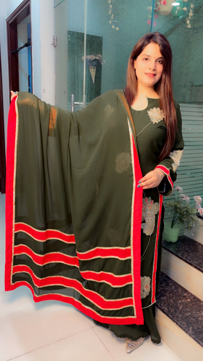 Georgette Cut Work Palazzo Suit With Red Stripes Dupatta (PS)