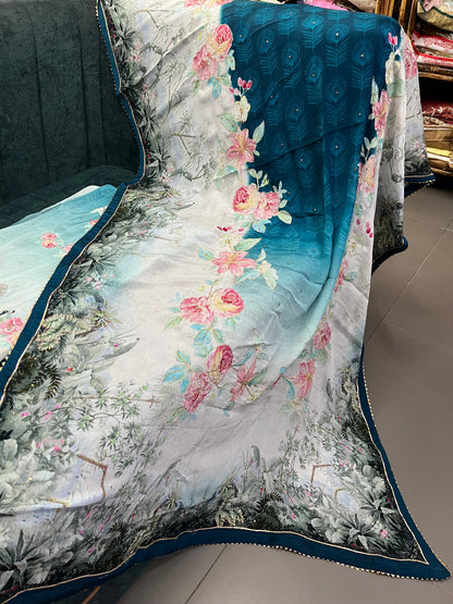 Peacock Print Unstitched Suit Material with Dupatta
