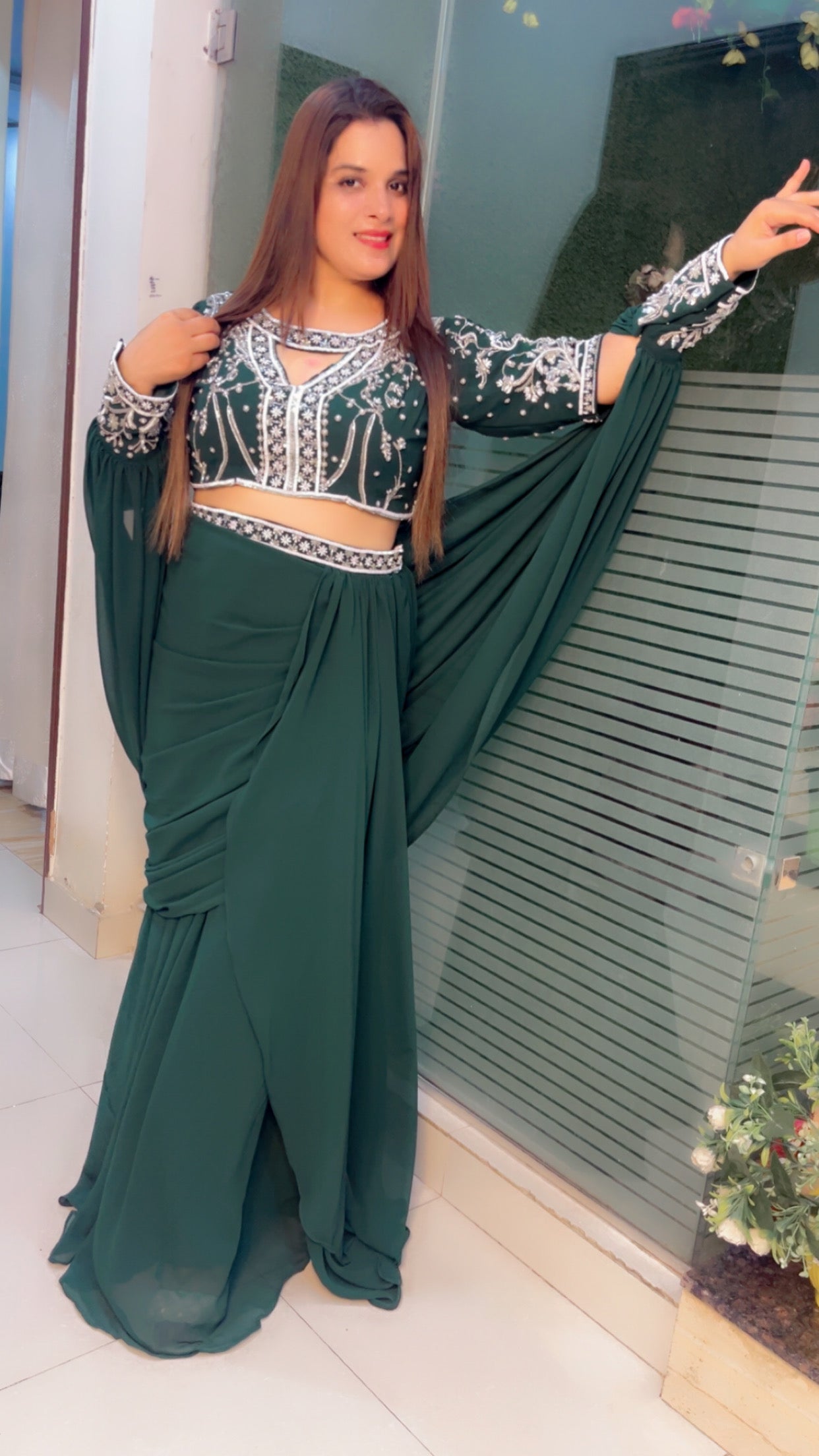 Bottle Green Wedding Wear Drape Dress (DD001)