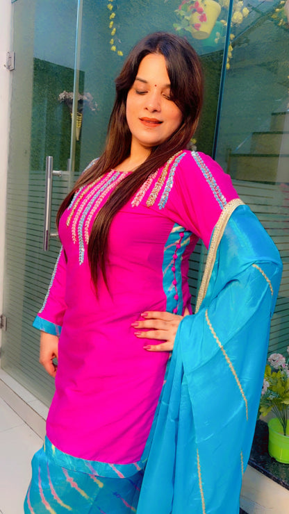 Hot Pink And Turquoise Blue Farshi Salwar Suit with Dupatta