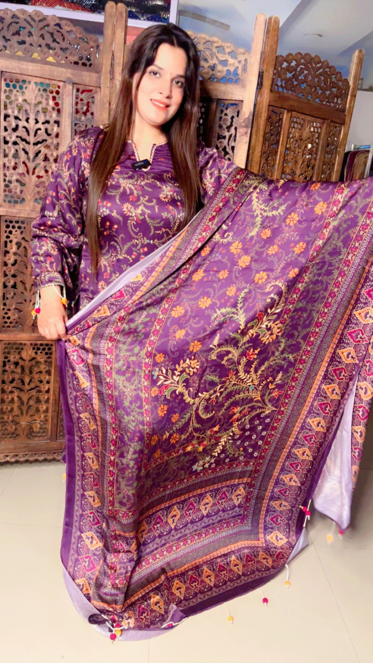 Purple Pure Satin Designer Lace Work And Tassel Detail Suit And Pant With Dupatta (PS)