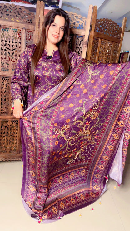 Purple Pure Satin Designer Lace Work And Tassel Detail Suit And Pant With Dupatta (PS)