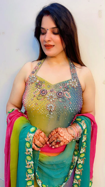 Multi Colour Halter Neck Kurti With Panelled Palazzo Set