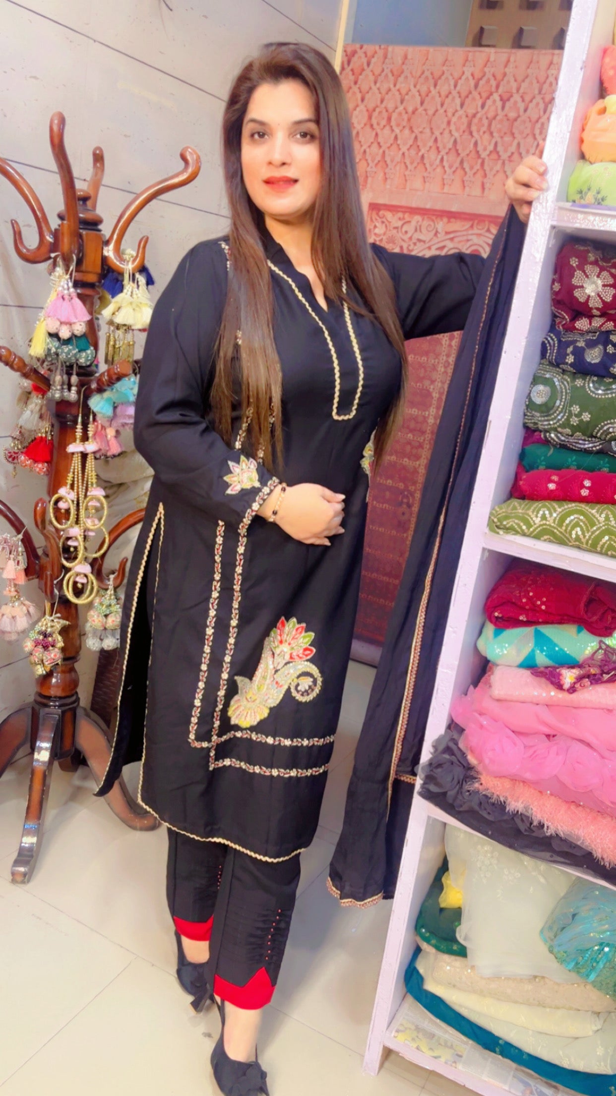 Designer Black Embroidered Cotton Pant Suit With Chiffon Dupatta (PS002)