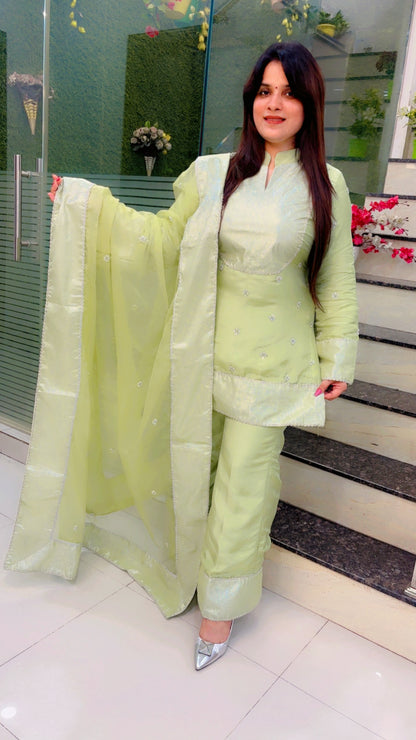Green Embroidered Silk Bell Bottom And Suit Set