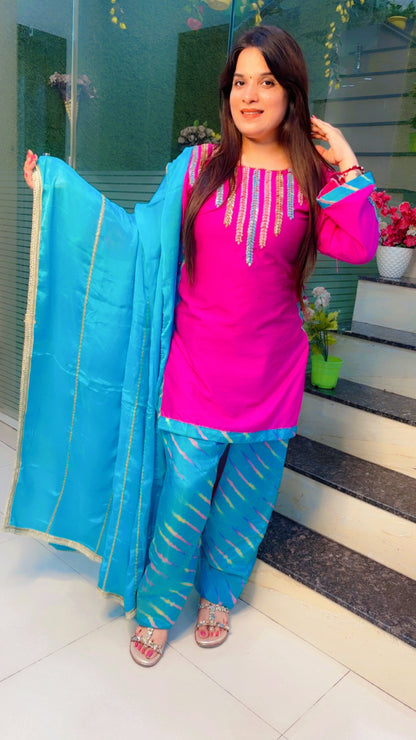 Hot Pink And Turquoise Blue Farshi Salwar Suit with Dupatta
